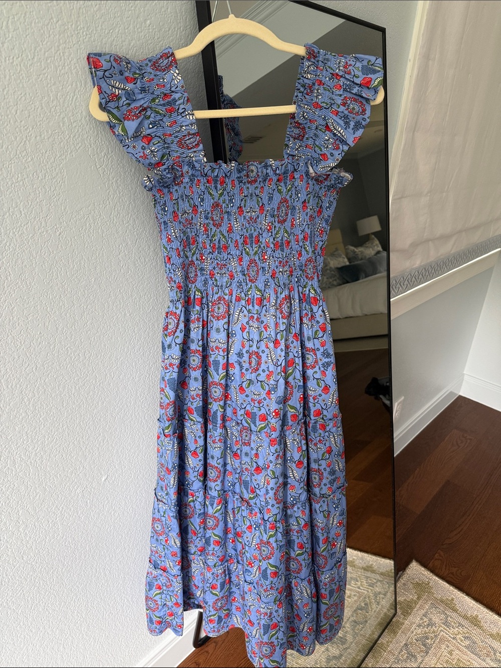 Hill House Blue Floral Smocked Midi Dress with Ruffle Straps